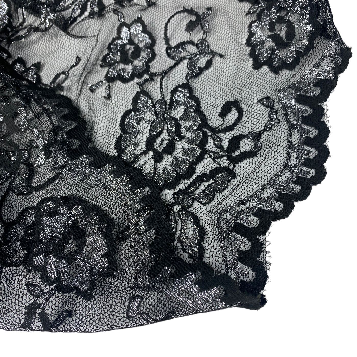 Floral Embroidered Lace with Finished Edges - Black/Silver