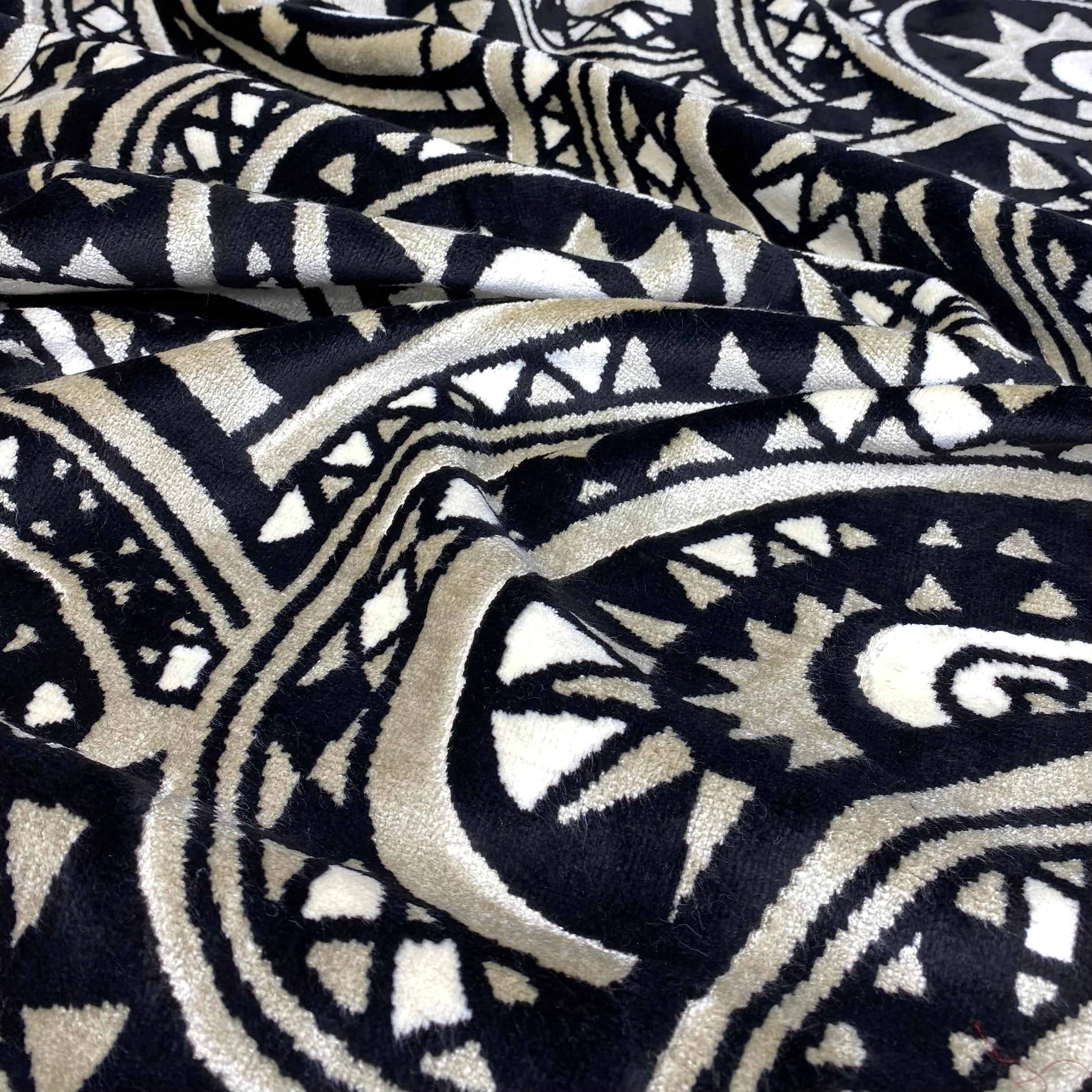 Patterned Cotton Velvet Upholstery - Designer Remnant - Black/Beige/Off White