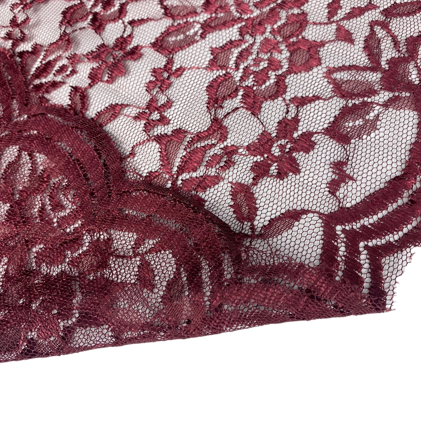 Floral Embroidered Lace with Finished Edges - Burgundy