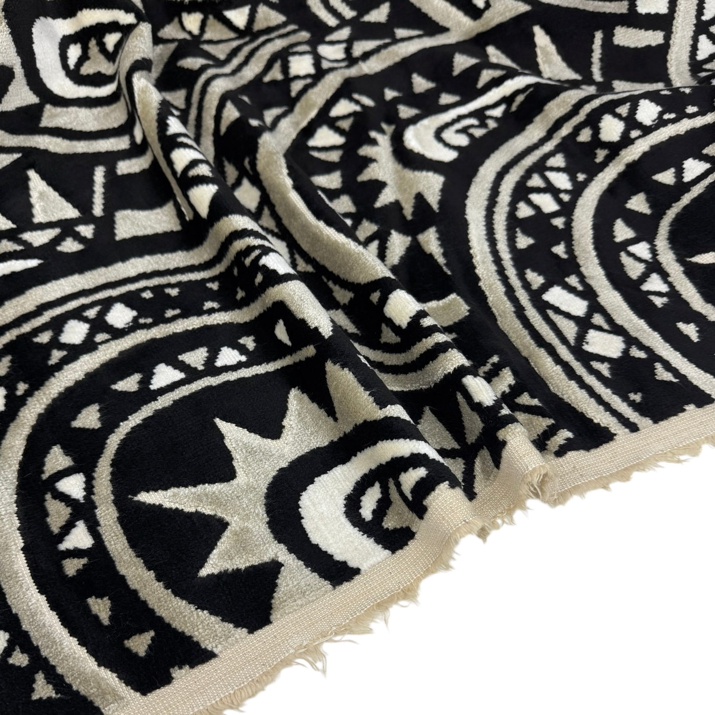 Paisley Cotton Velvet Upholstery Remnant - Cream/Beige/Black