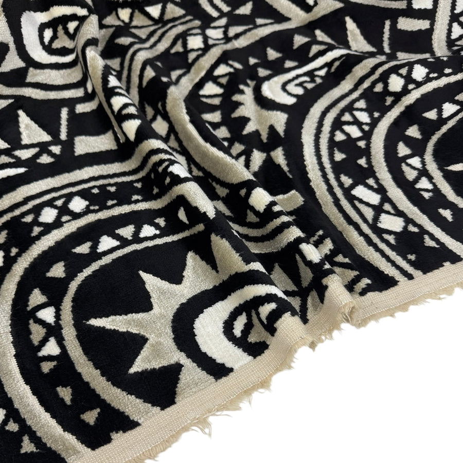 Paisley Cotton Velvet Upholstery Remnant - Cream/Beige/Black