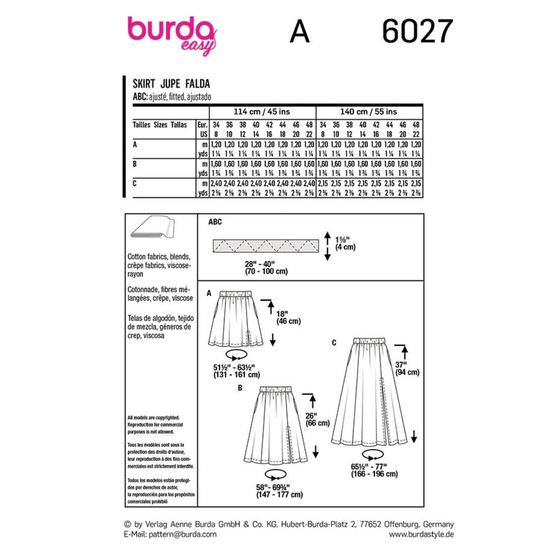 Burda Easy 6027 - Skirt Sewing Pattern