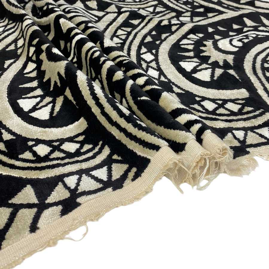 Patterned Cotton Velvet Upholstery - Designer Remnant - Black/Beige/Off White