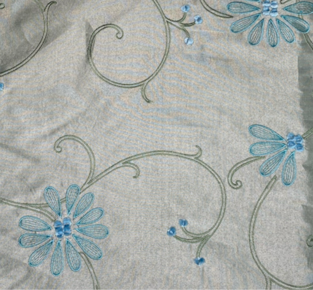 Floral Embroidered Silk Shantung - Green/Blue