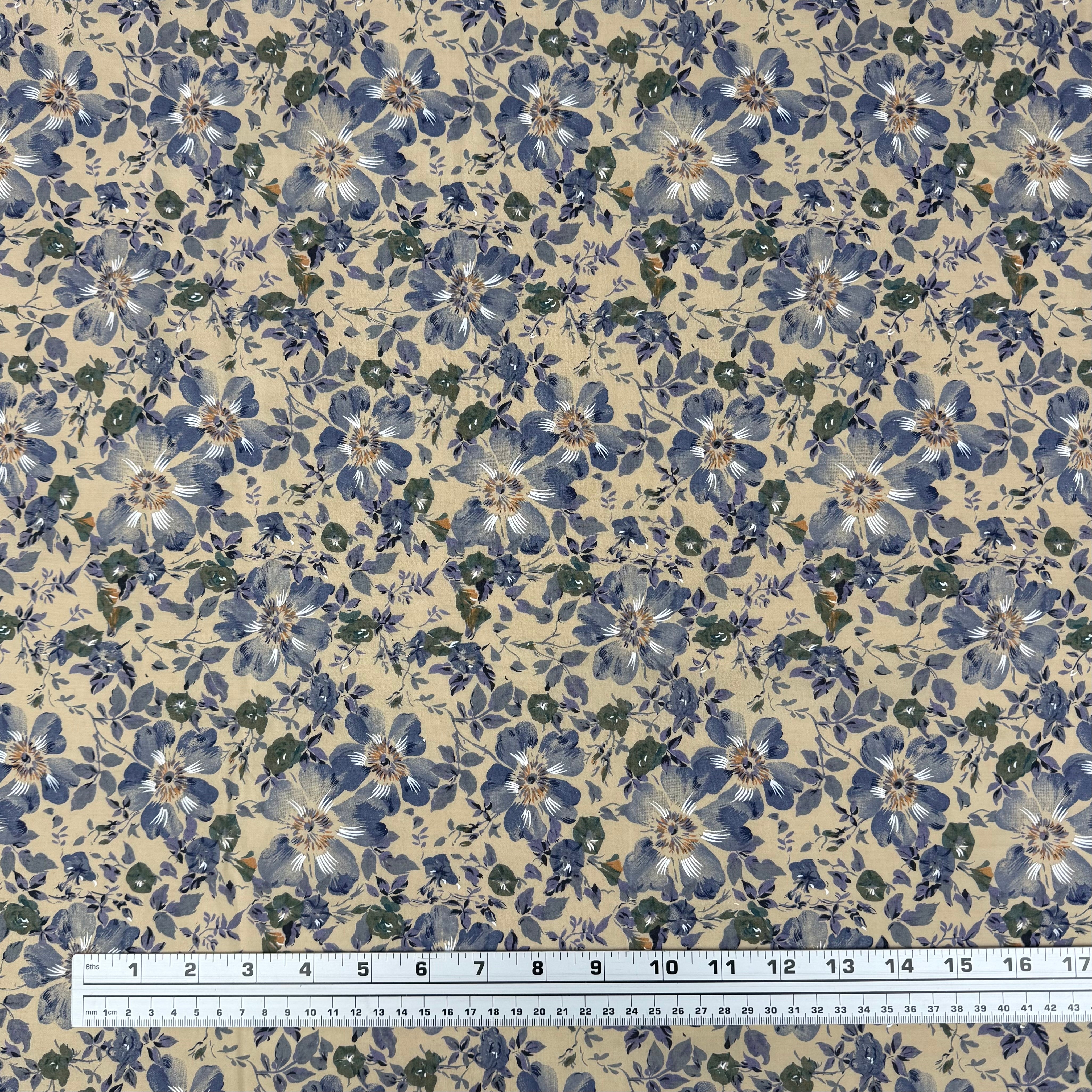Floral Viyella Cotton Lawn Taupe/Blue/Green