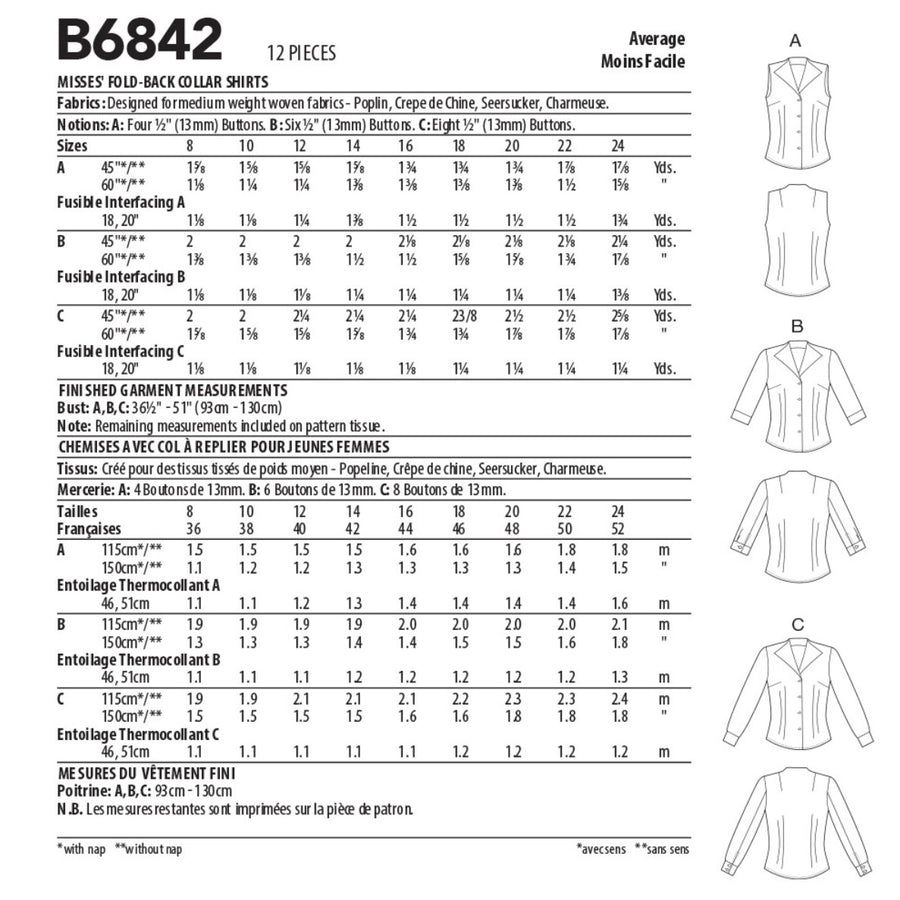 Butterick B6842 Coller Shirts by Palmer/Pletsch Sewing Pattern