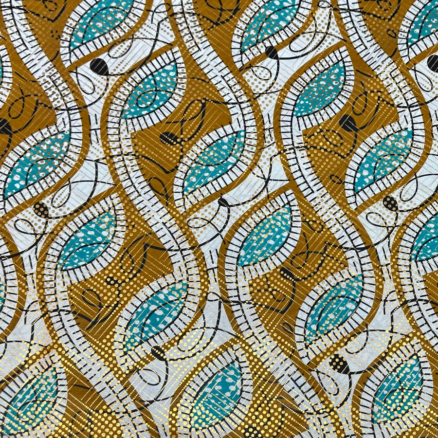 Waxed African Printed Cotton - Metallic Gold/White/Blue