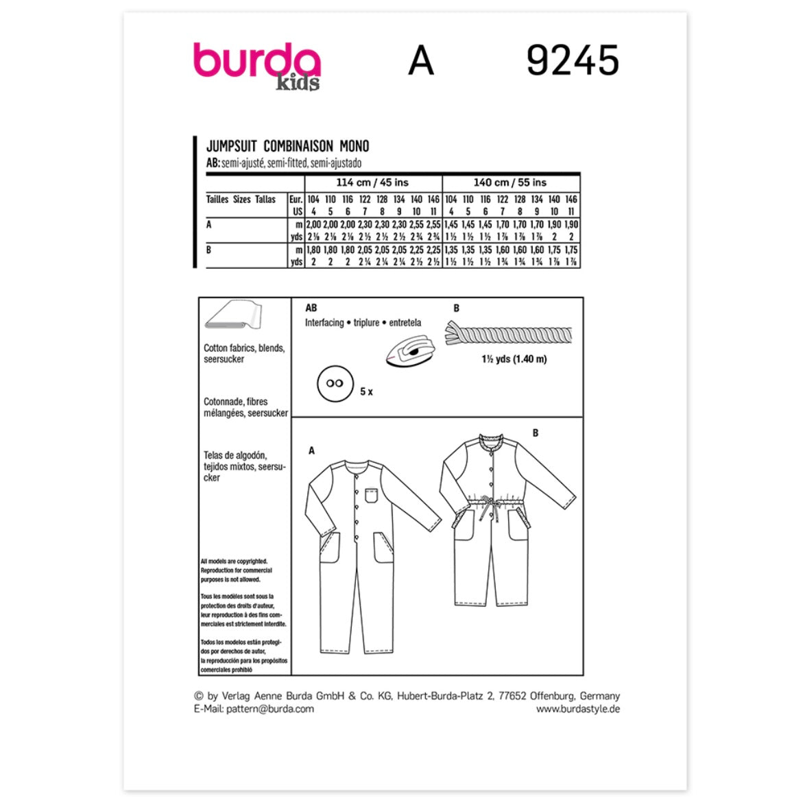 Burda Kids 9245 - Child Jumpsuit Sewing Pattern