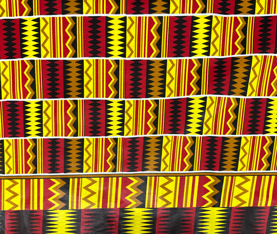 Waxed African Printed Cotton with Bordered Edge - Multi-Colour / Yellow / Red