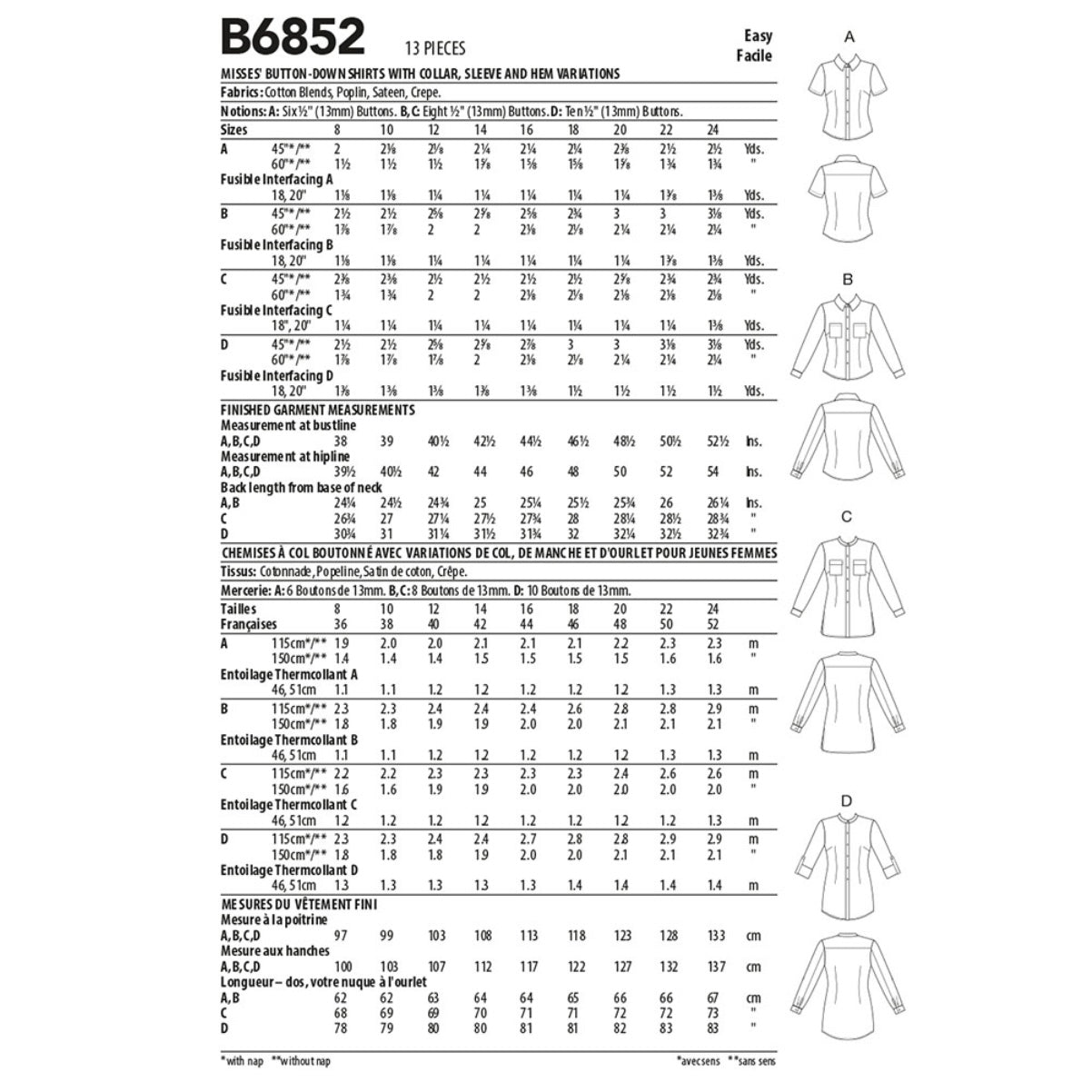 Butterick B6852 Button Down Shirt Sewing Pattern