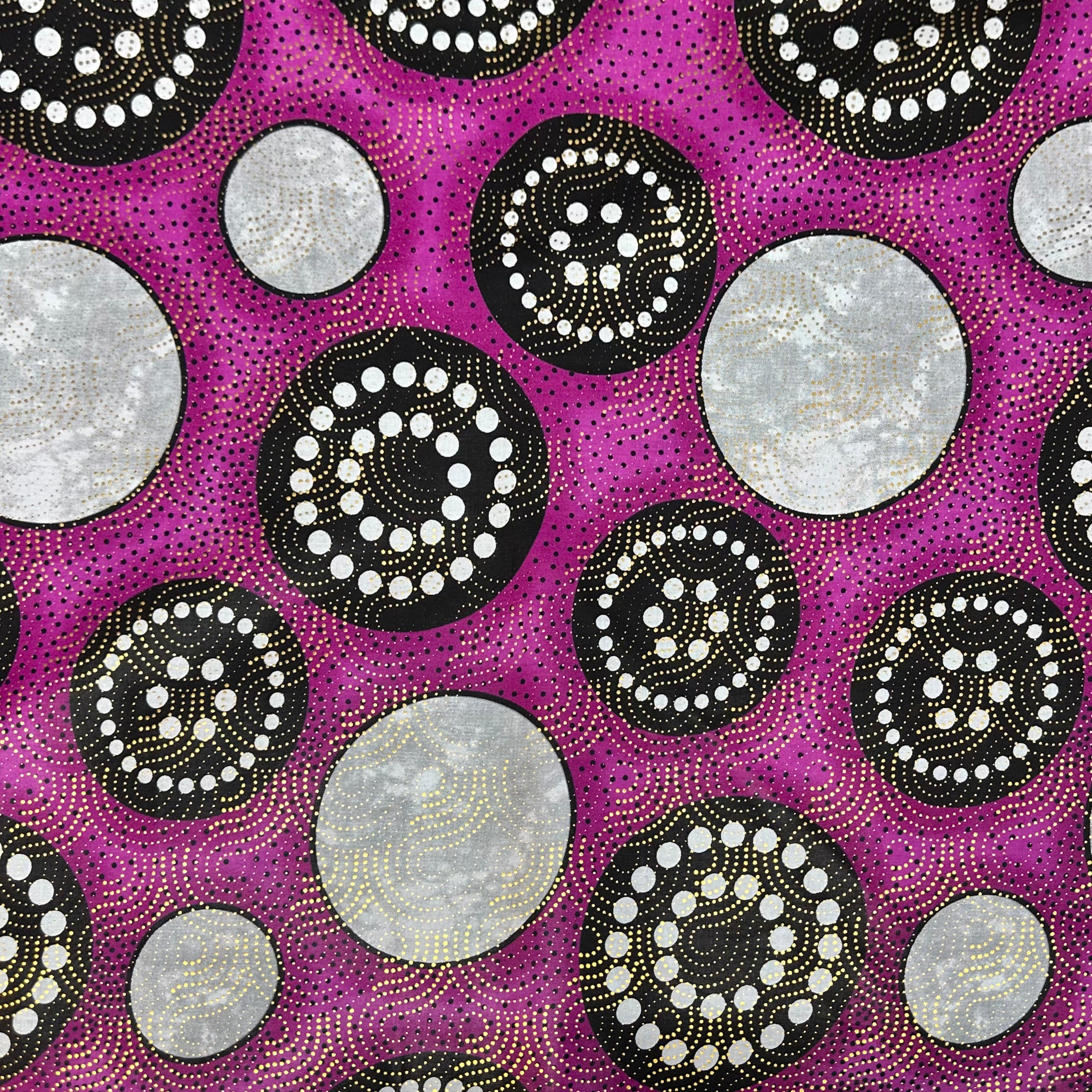 Waxed Metallic African Printed Cotton - Pink/Black/Grey