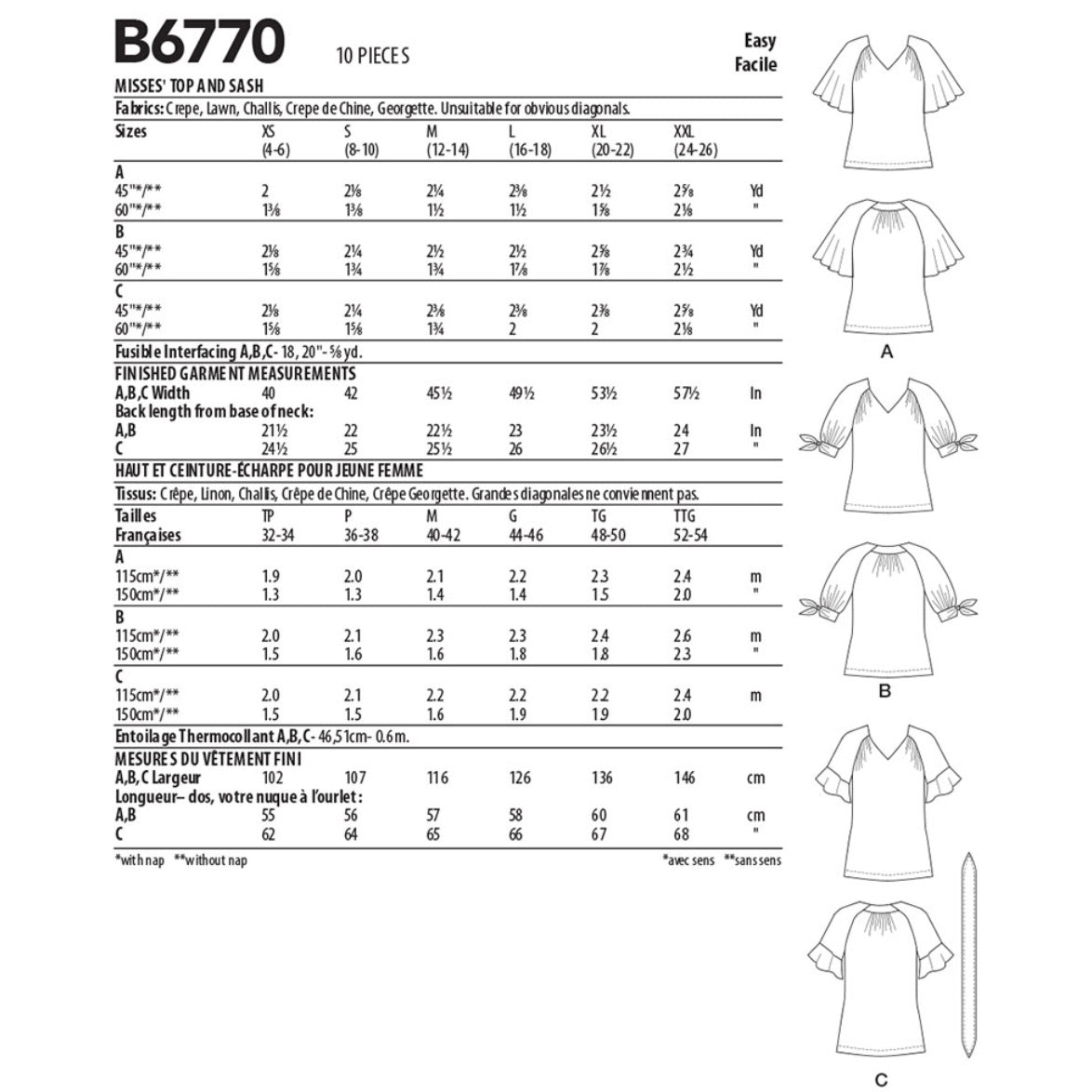 Butterick B6770 Top and Sash Sewing Pattern