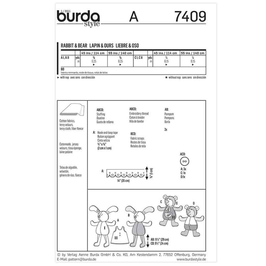 Burda Style 7409 - Accessory Animal Toys Sewing Pattern