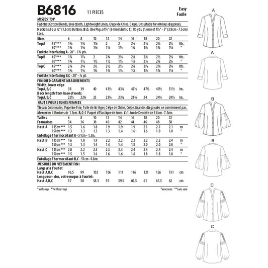 Butterick B6816 Tops Sewing Pattern