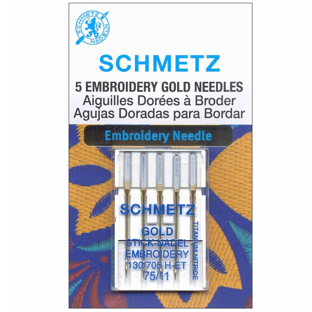 Gold Titanium Embroidery Needles - Schmetz - 75/11 - 5 Count
