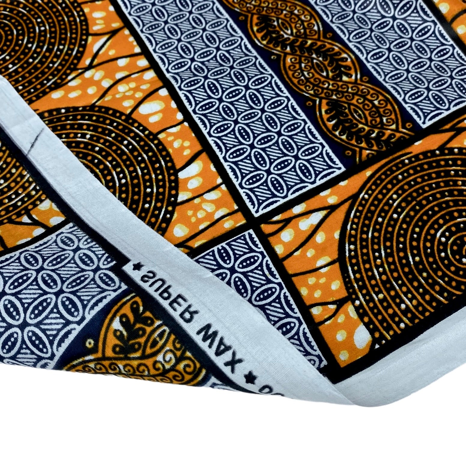 Super Wax African Printed Cotton - Orange/Navy/Black/White