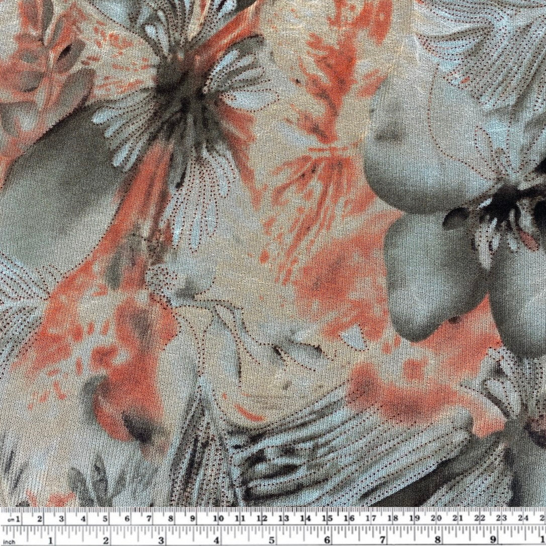 Printed Stretch Mesh - Tropical Floral Print - Orange/Brown