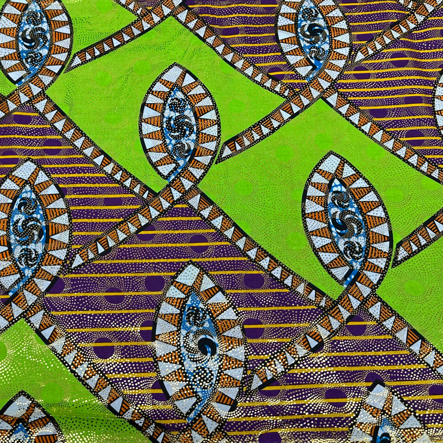 African Printed Cotton - Metallic Gold/Green/Purple