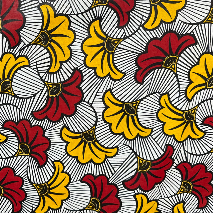 Waxed African Printed Cotton - Floral - White/Black/Yellow/Red