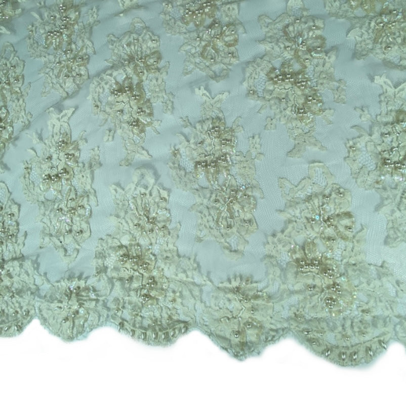 Beaded Corded Lace with Finished Edge- Remnant - Eggshell