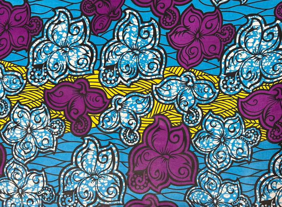 Waxed African Printed Cotton - Floral - Blue/Purple/Yellow