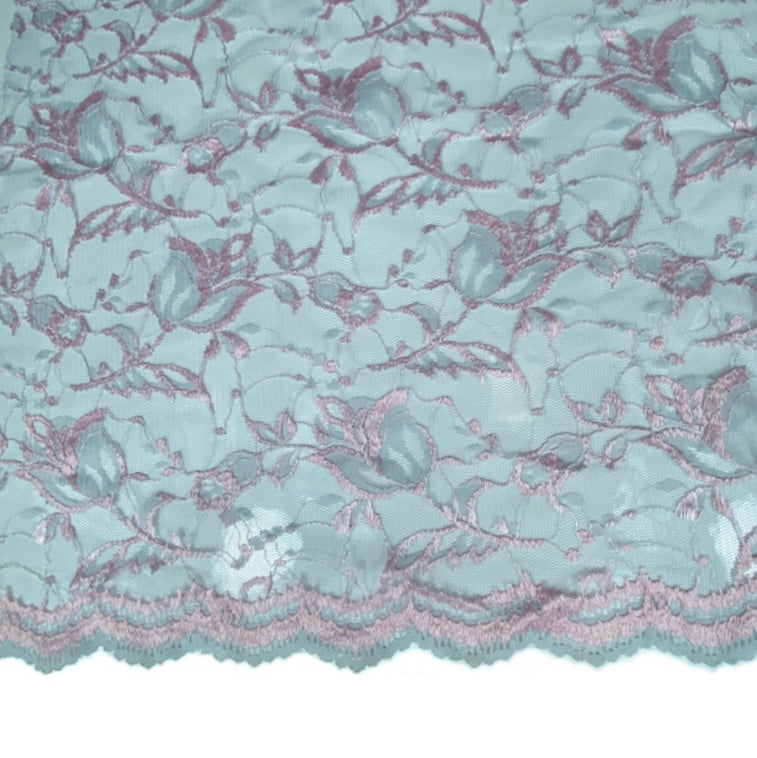 Floral Embroidered Lace with Finished Edges - Grey/Pink