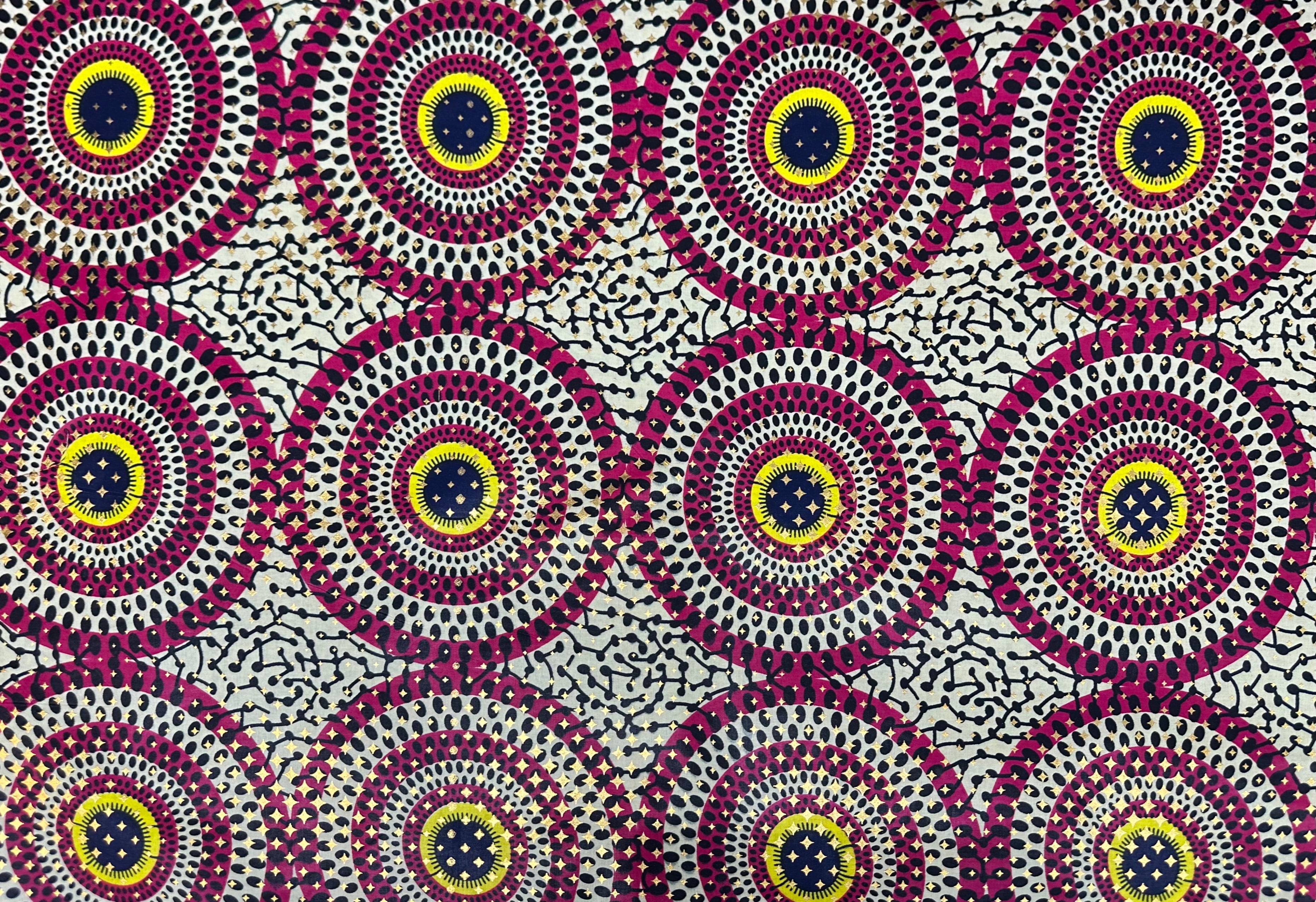 Waxed African Printed Cotton - Circles - Metallic Gold/Yellow/Pink