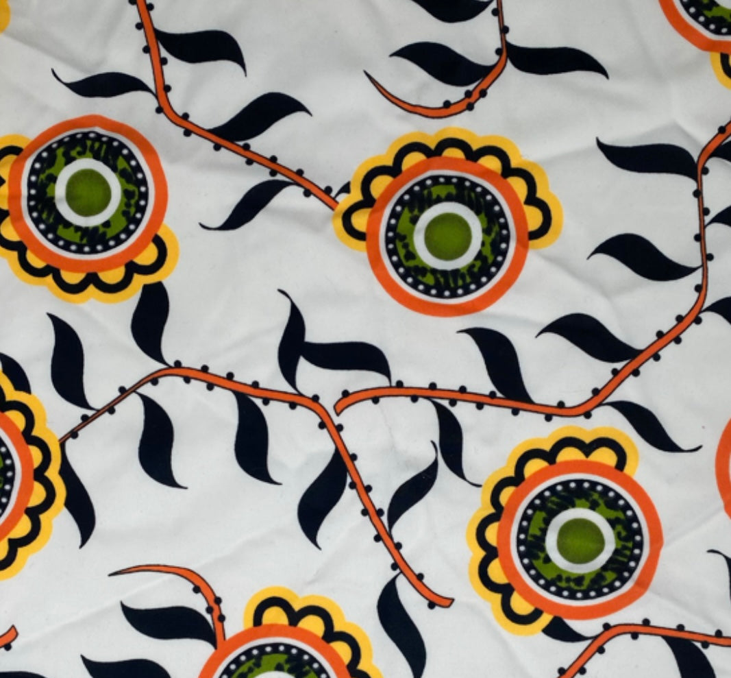 Printed Floral Nylon Spandex Remnant - White/Orange/Yellow