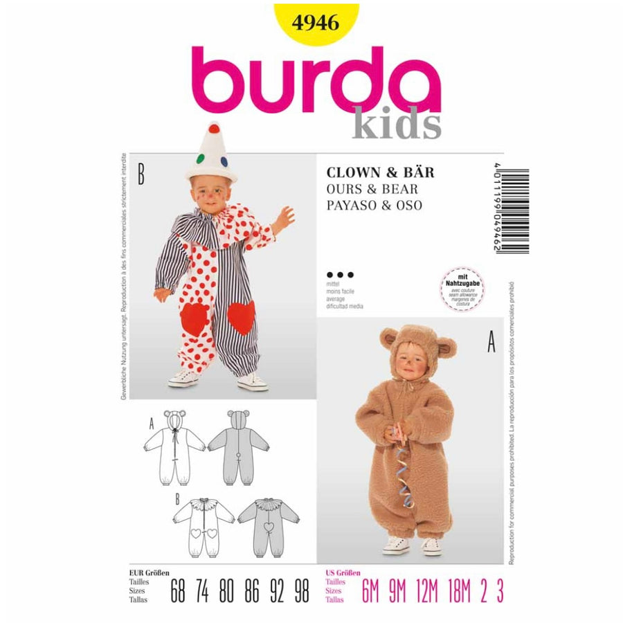 Child Clown & Bear Costume Sewing Pattern - Burda Kids 4946