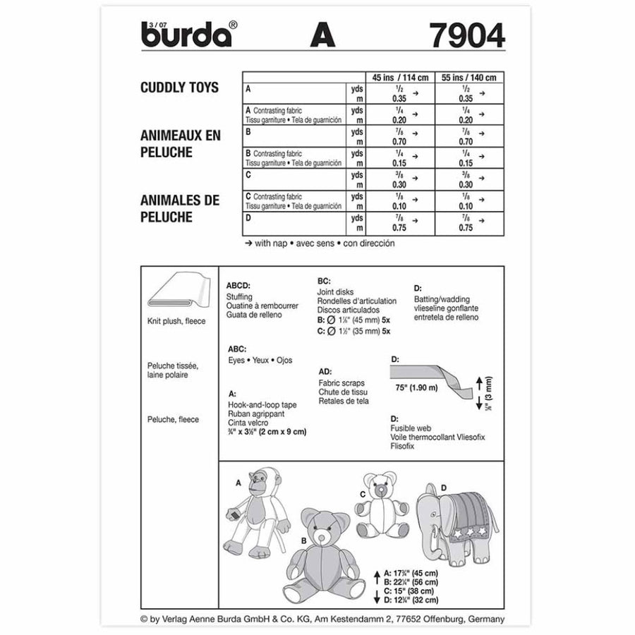 Burda Style 7904 - Animal Toys Sewing Pattern