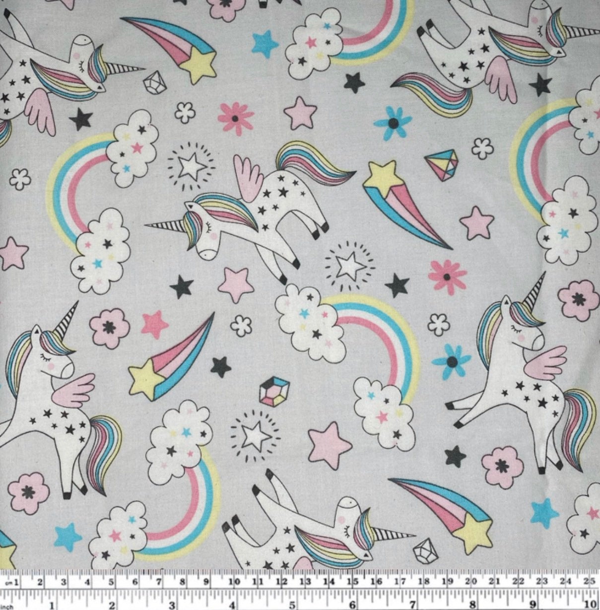 Quilting Cotton - Unicorn Rainbow - Grey