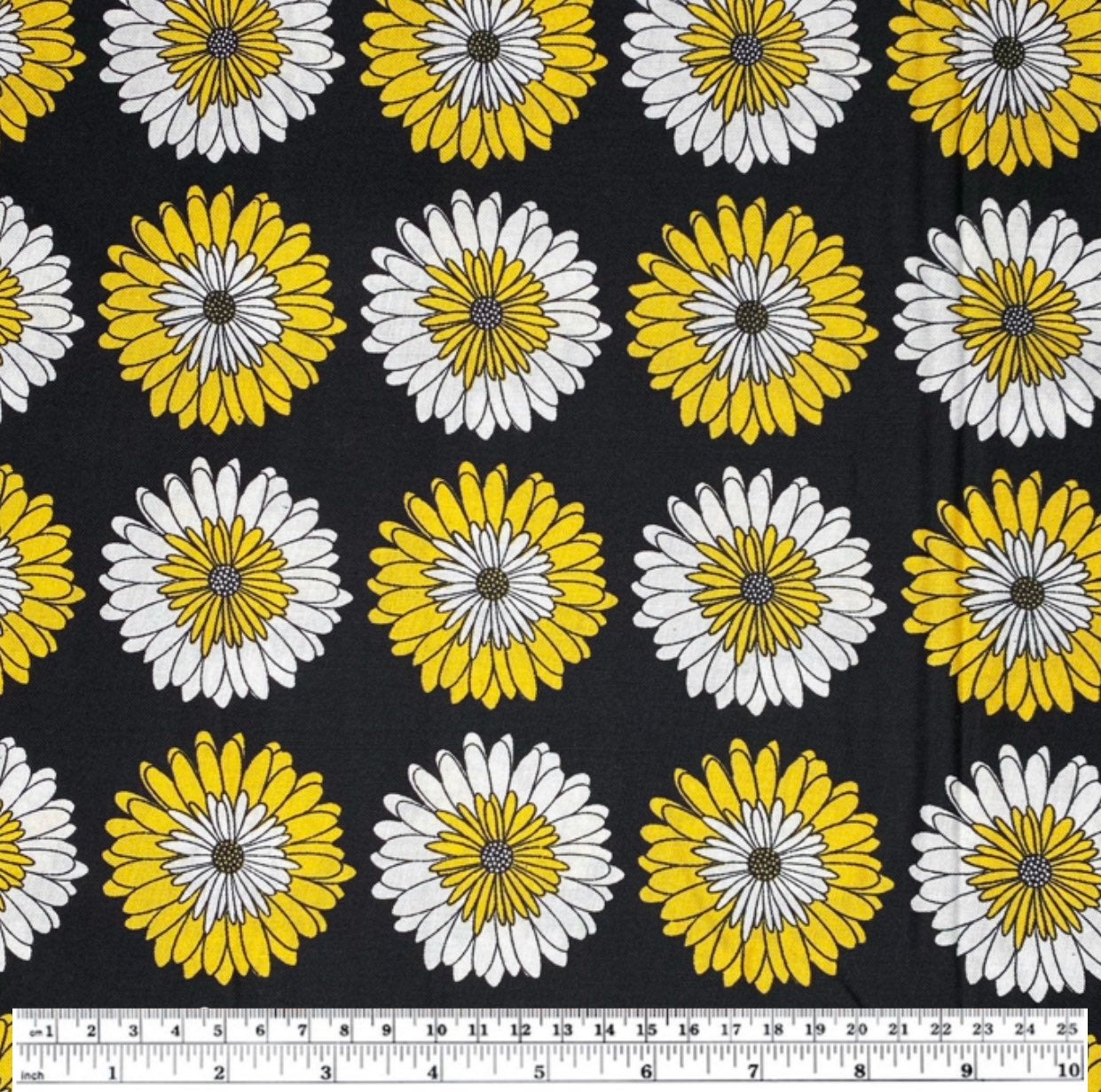 Quilting Cotton - Daisies - Black Yellow - Remnant
