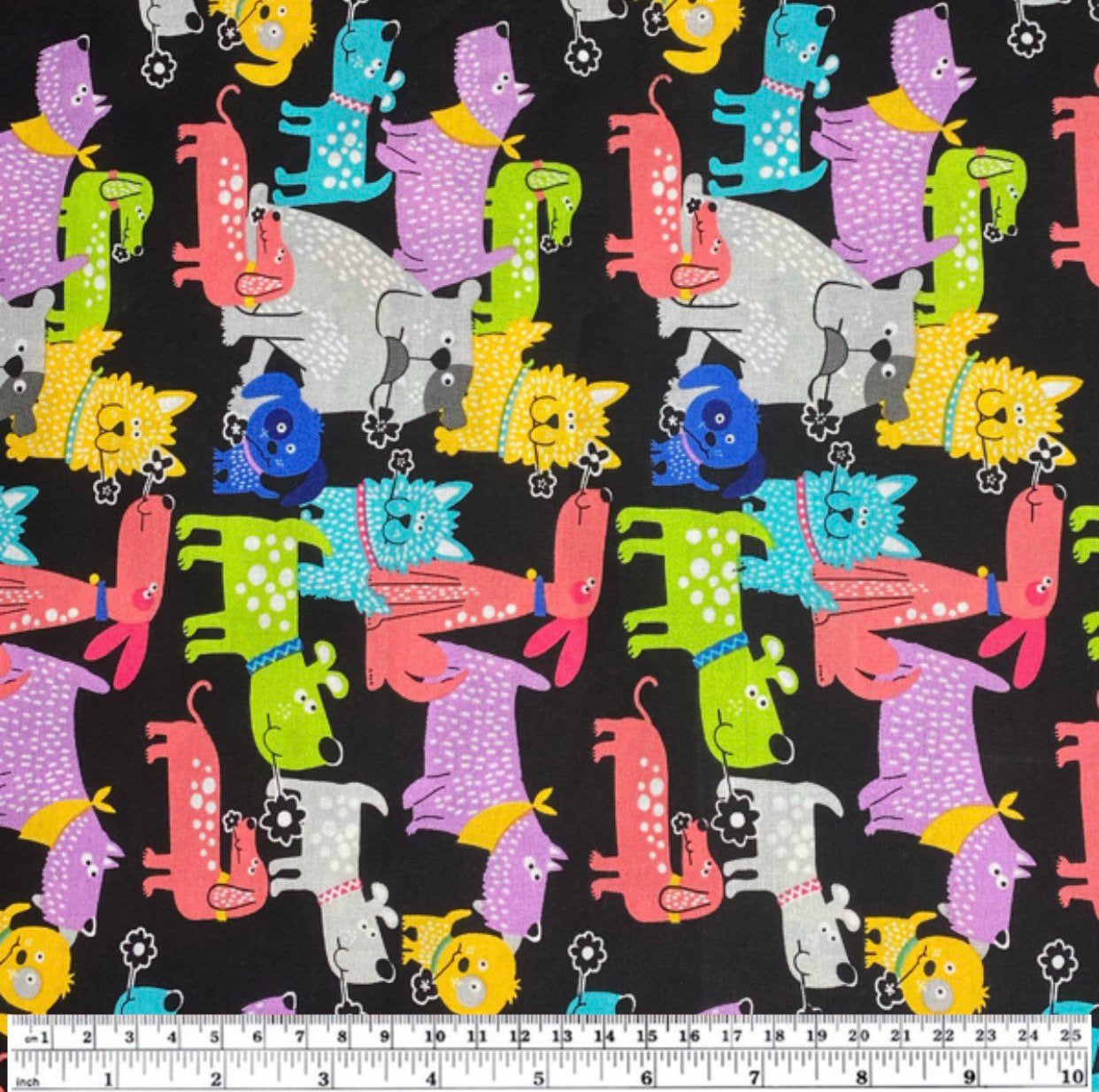 Quilting Cotton - Rainbow Dogs - Black - Remnant
