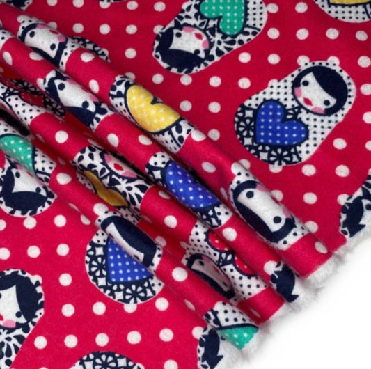 Printed Cotton Flannel - Russian Doll Polka Dot - Pink/White
