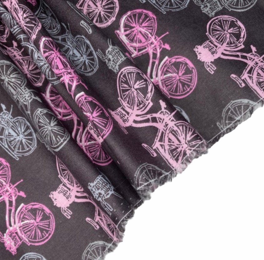 Printed Quilting Cotton Bicycle Remnant - Grey/Pink