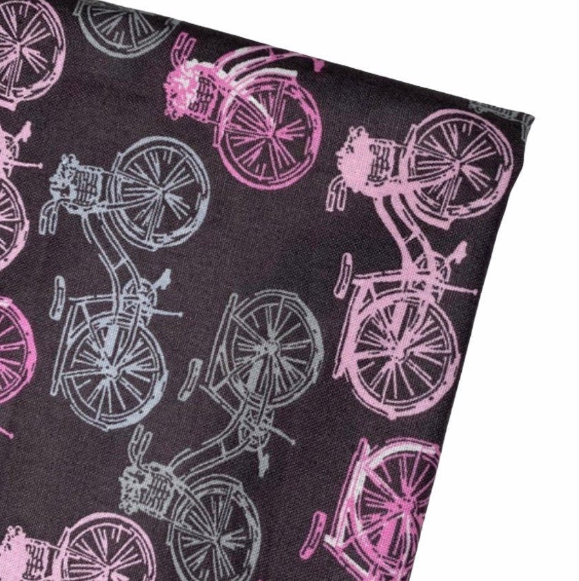 Printed Quilting Cotton Bicycle Remnant - Grey/Pink