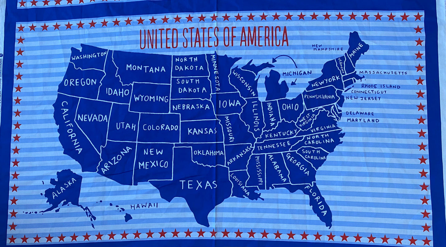 Map of America - Cotton Panel  - 23”x45” - Stars and Stripes