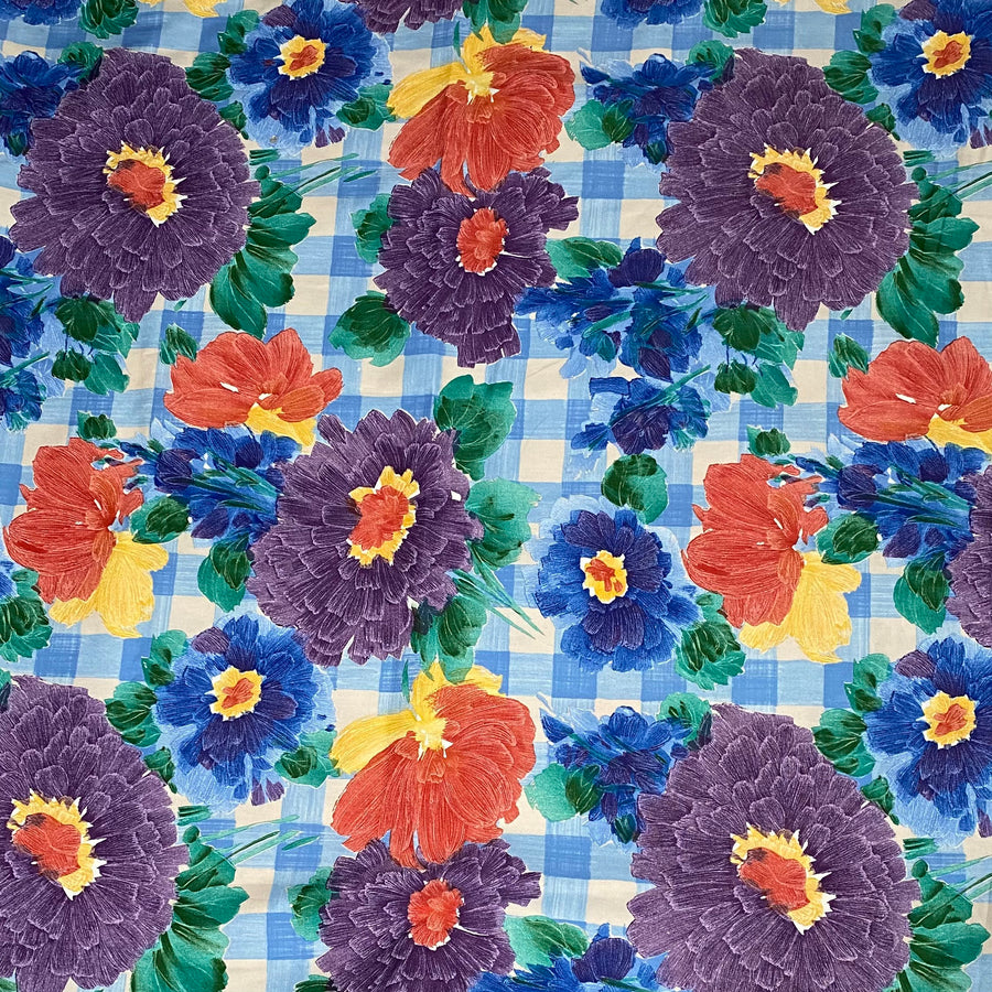 Printed Cotton Canvas Floral Gingham - Blue/Purple/Yellow