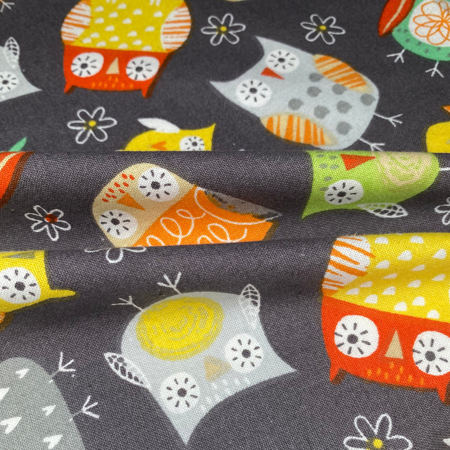 Quilting Cotton - Owls & Flowers - Grey - Remnant