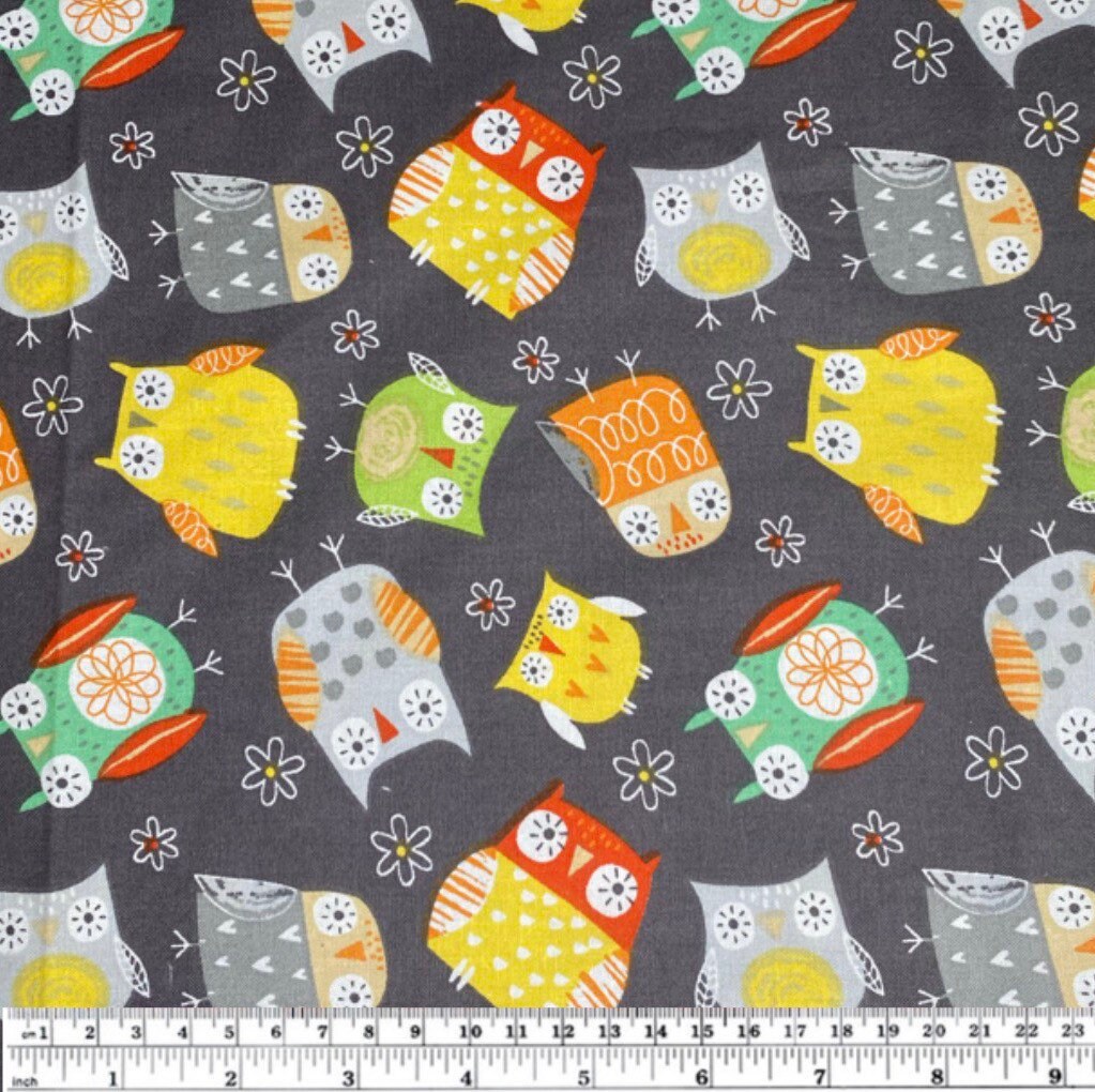 Quilting Cotton - Owls & Flowers - Grey - Remnant