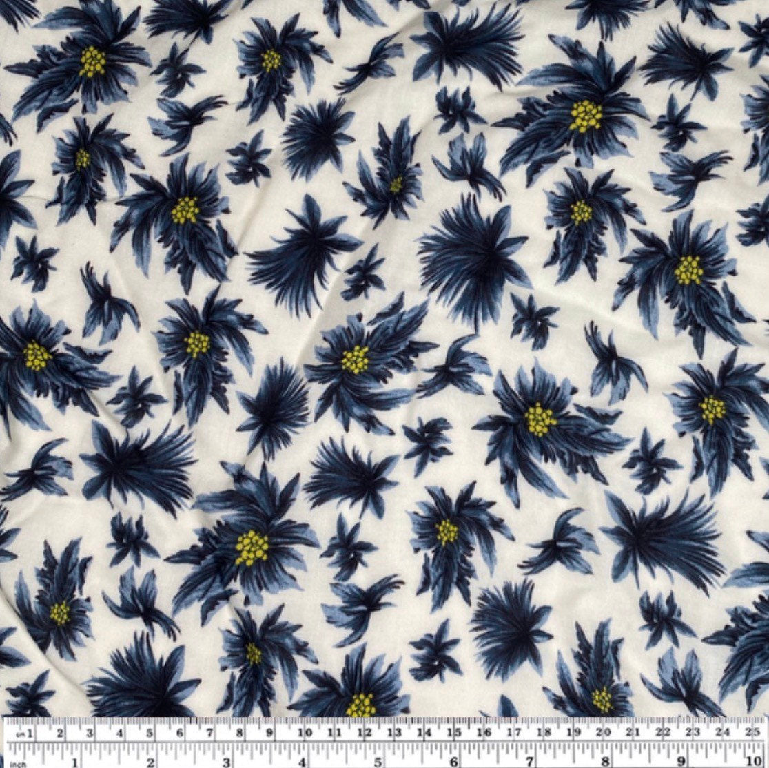 Floral Rayon Batiste - 58” - White/Blue/Yellow