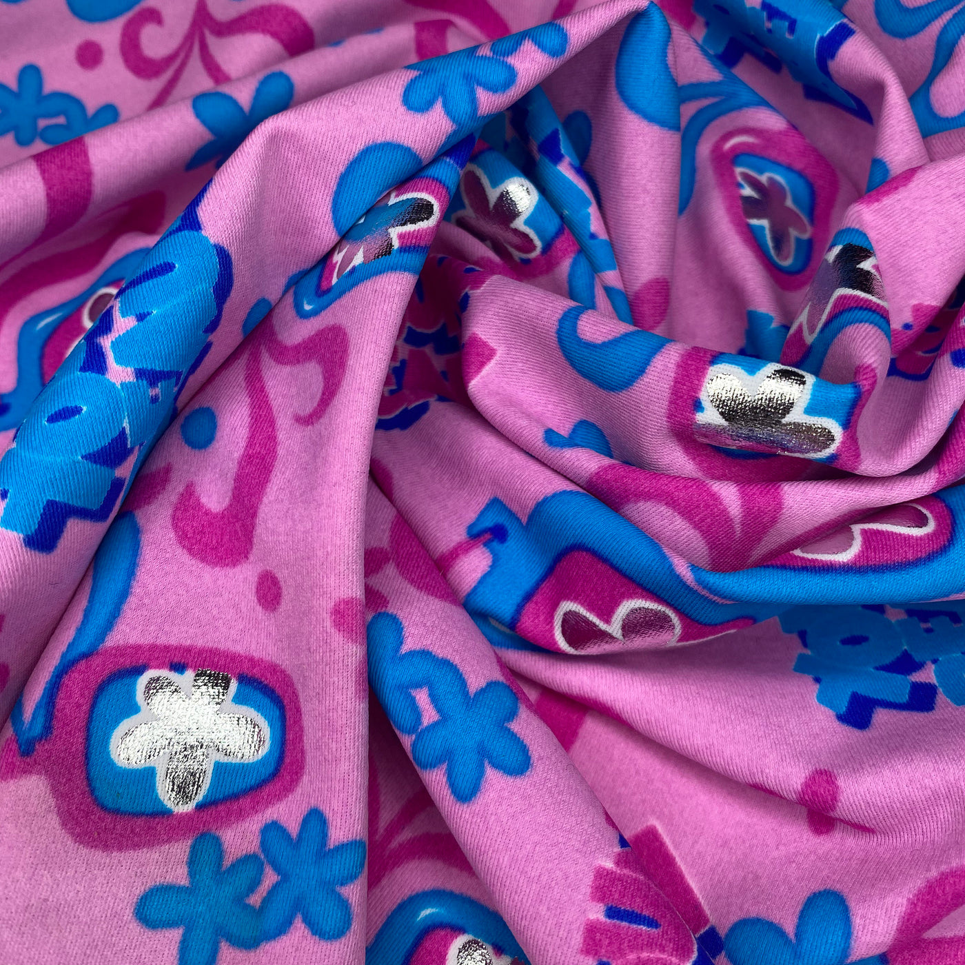 Printed Nylon Spandex - 63” - Pink/Silver/Blue