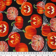 Quilting Cotton - Pumpkin Spider Webs - 44” - Black/Silver Glitter