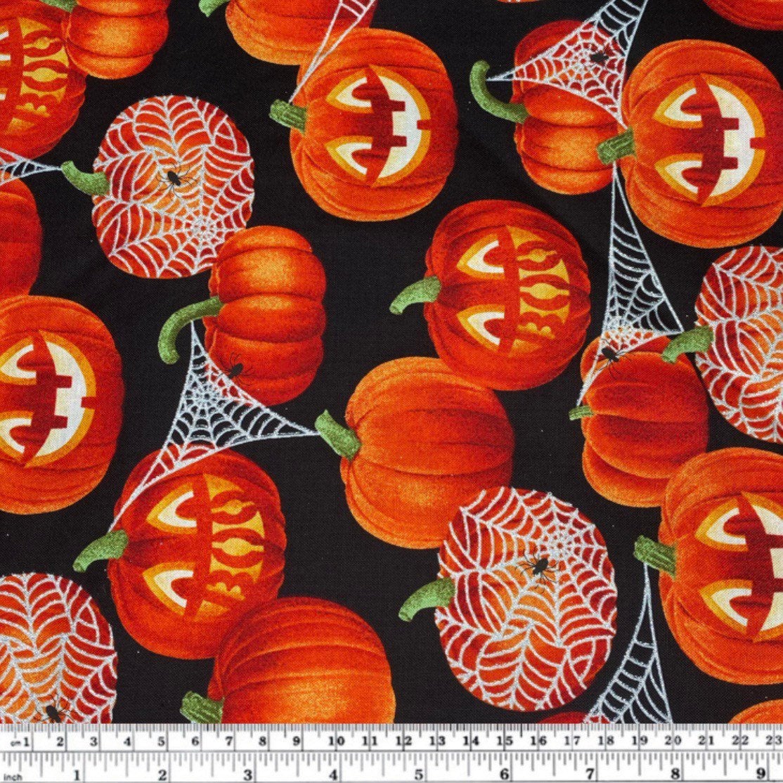 Quilting Cotton - Pumpkin Spider Webs - 44” - Black/Silver Glitter