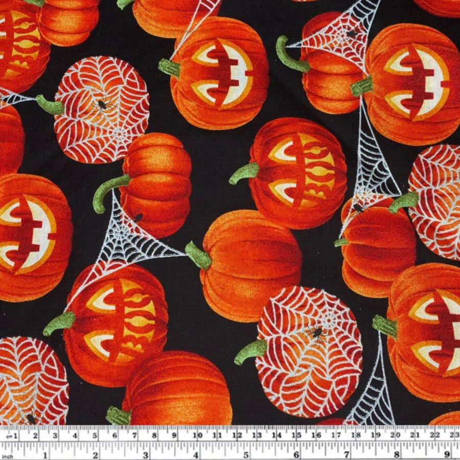 Quilting Cotton - Pumpkin Spider Webs - 44” - Black/Silver Glitter
