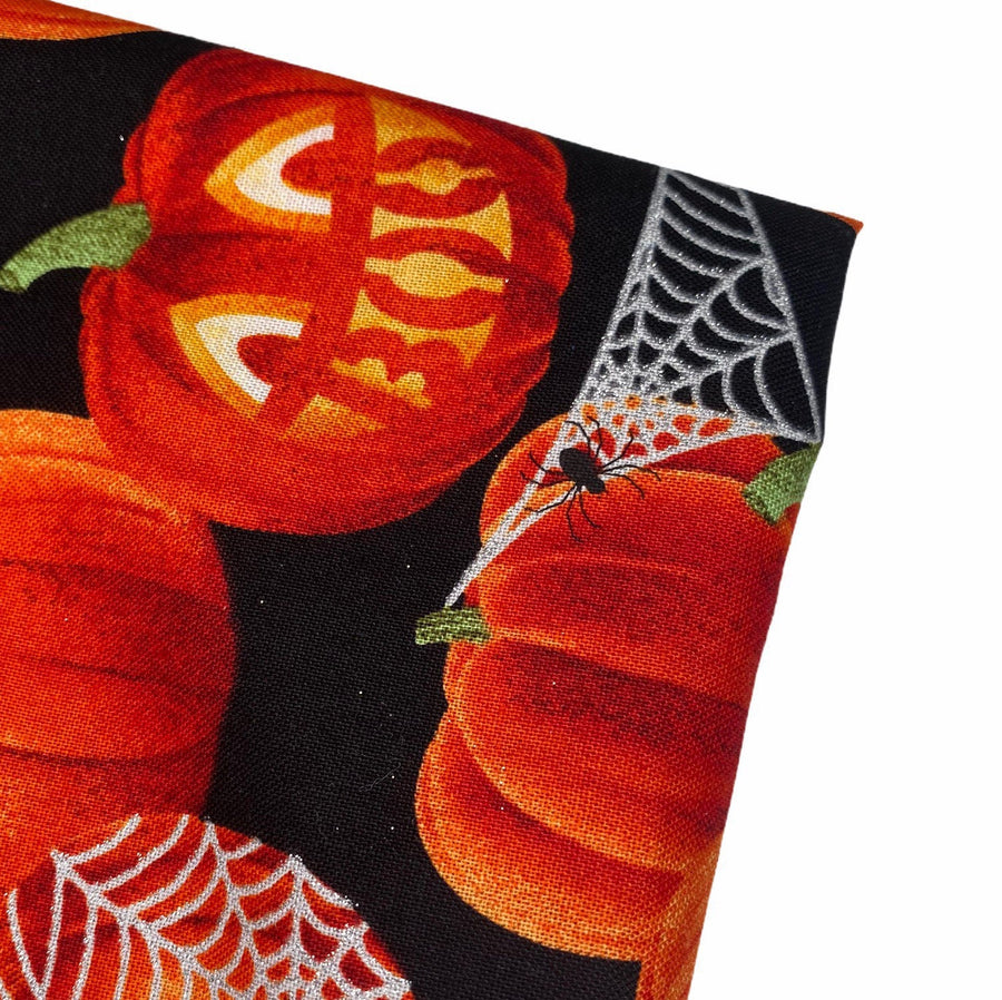 Quilting Cotton - Pumpkin Spider Webs - 44” - Black/Silver Glitter