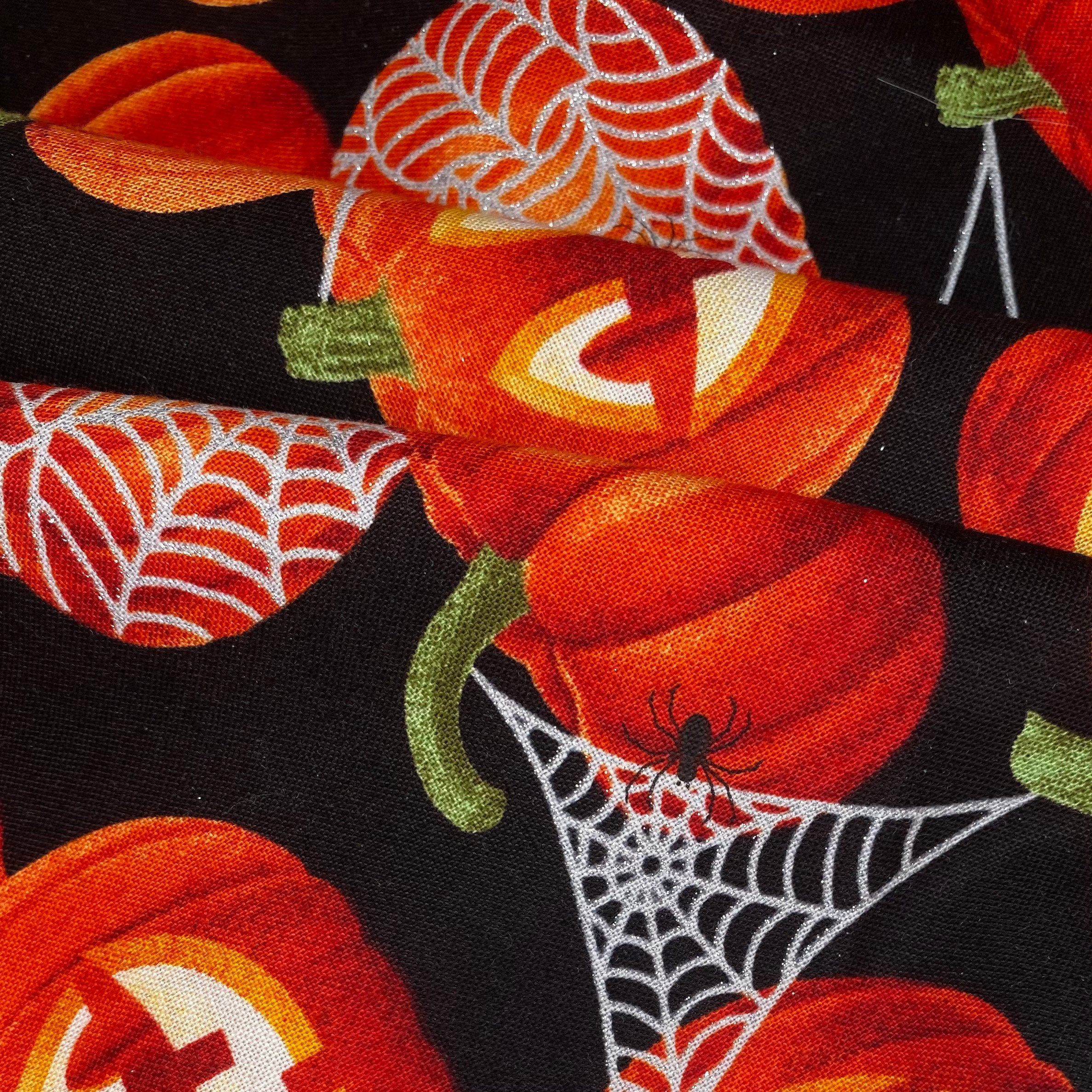 Quilting Cotton - Pumpkin Spider Webs - 44” - Black/Silver Glitter