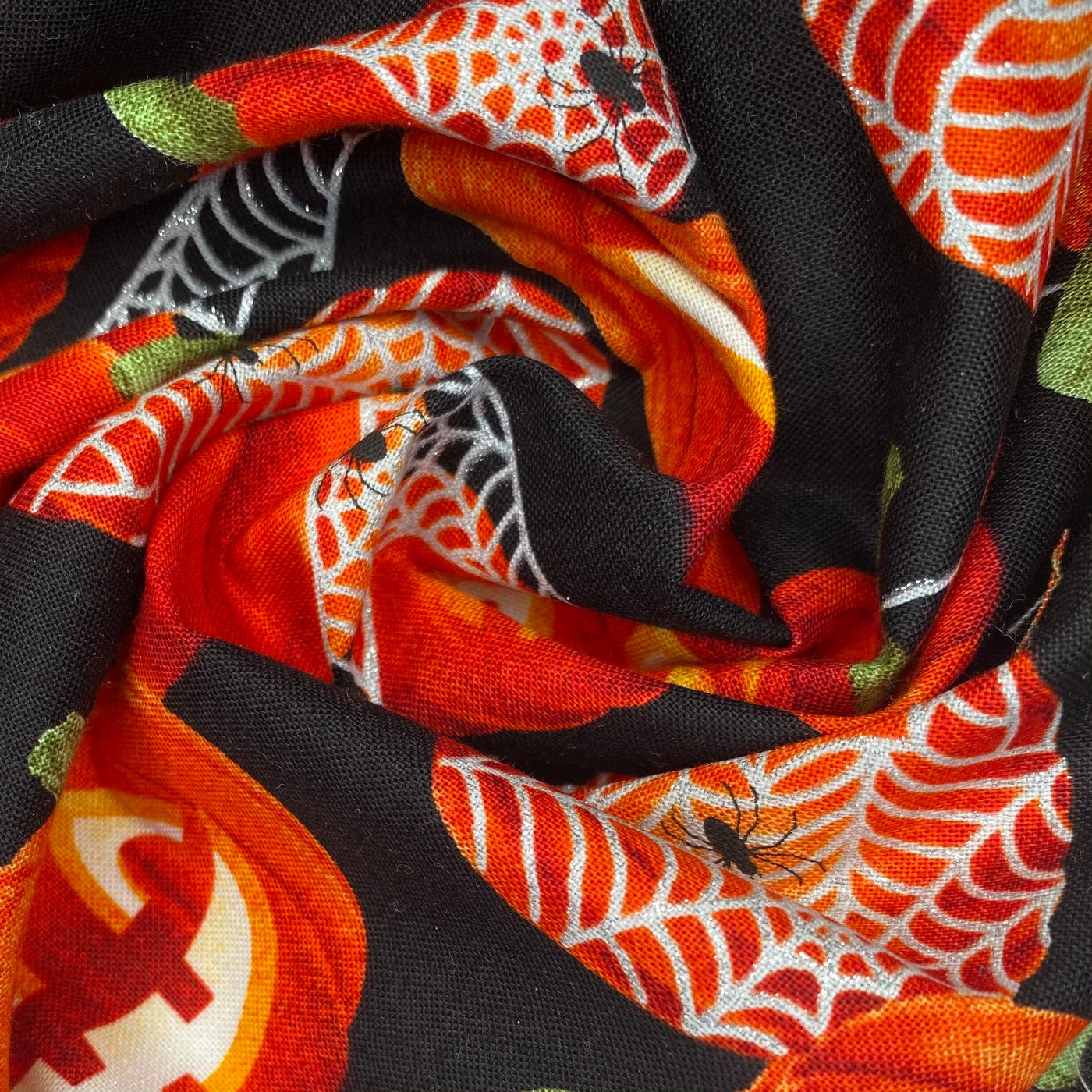 Quilting Cotton - Pumpkin Spider Webs - 44” - Black/Silver Glitter