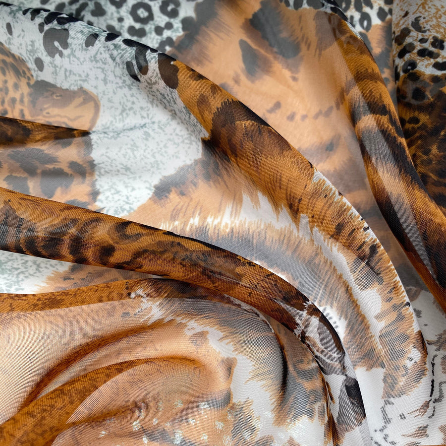 Cheetah Printed Polyester Chiffon - Brown/White/Black