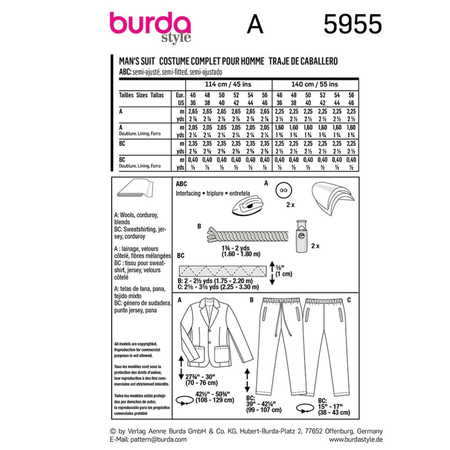 Burda Style 5955 - Men’s Suit Sewing Pattern